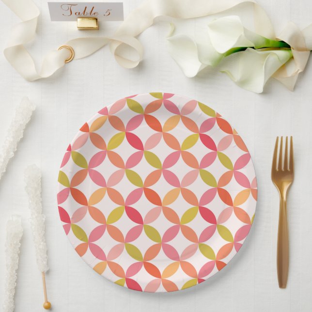 Plato De Papel Círculos naranjas rojos modernos de mediados de si (Boda)