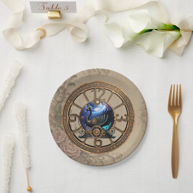 Plato De Papel cisne negro de vapor con relojes y marchas. (Boda)