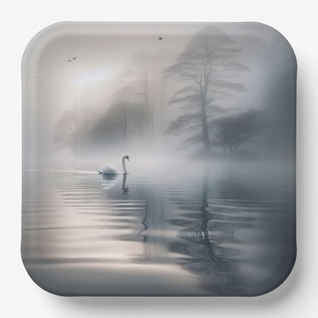 Plato De Papel Cisne solitario en lago Mortino Misty (Anverso)