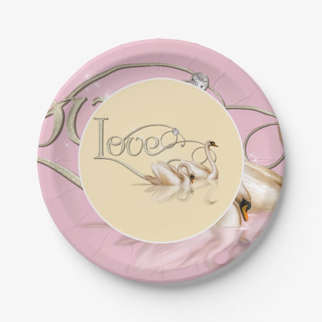 Plato De Papel Cisnes con amor a la placa de papel (Anverso)
