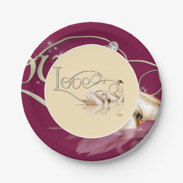 Plato De Papel Cisnes con amor a la placa de papel (Anverso)