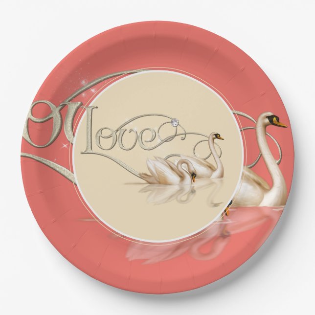 Plato De Papel Cisnes con amor a la placa de papel (Anverso)