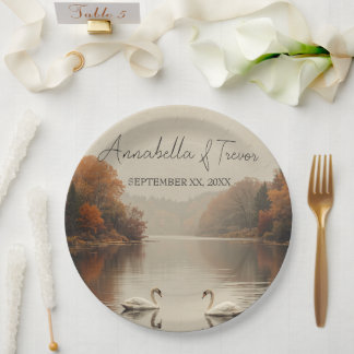 Plato De Papel Cisnes de otoño romántico lago en boda de otoño