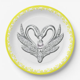 Plato de papel Cisnes de plata con cinta amarilla