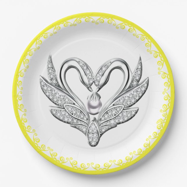 Plato de papel Cisnes de plata con cinta amarilla (Anverso)