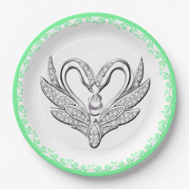 Plato de papel Cisnes de plata con cinta verde (Anverso)