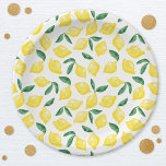 Plato De Papel Citruro de patrón limón de color agua<br><div class="desc">Bonito acuarela patrón de limón cítrico en amarillo con hojas azul marino sobre un fondo blanco para una foto de verano de la vitamina C. Arte original de Nic Squirrell.</div>