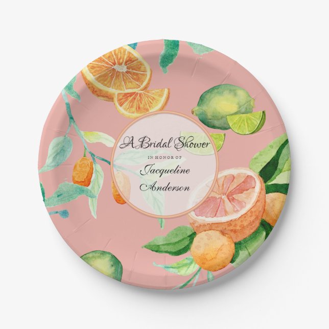 Plato De Papel Citrus Bridal Shower Tea Fiesta Naranja Leaf Rosa (Anverso)