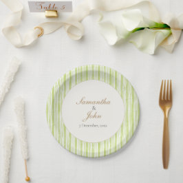 Plato De Papel Citrus Green Striped Retro Wedding Paper Plates