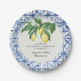 Plato De Papel Citrus Lemon Floral Leaf Foliage Wreath Blue White