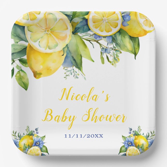 Plato De Papel Citrus Lemon Mediterranean Baby Shower (Anverso)
