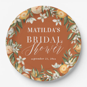 Plato De Papel Citrus, naranja + ducha de novia con flores decora