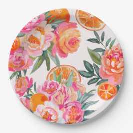 Plato De Papel Citrus Naranja y Floral rosa negrita ducha de novi
