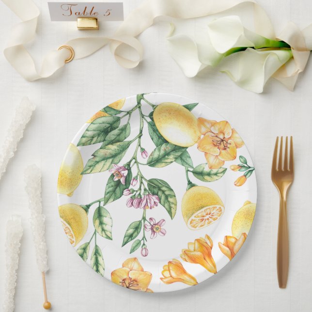 Plato De Papel Citrus Watercolor Lemon Italiano (Boda)