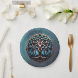 Plato De Papel Ciudad a la sombra del lujoso árbol de la vida.