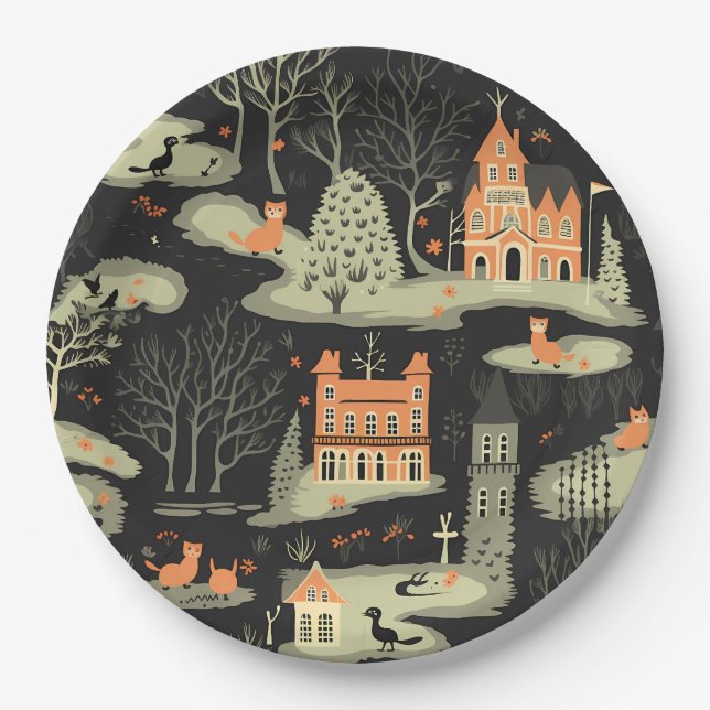 Plato De Papel Ciudad de Halloween 5 (Anverso)