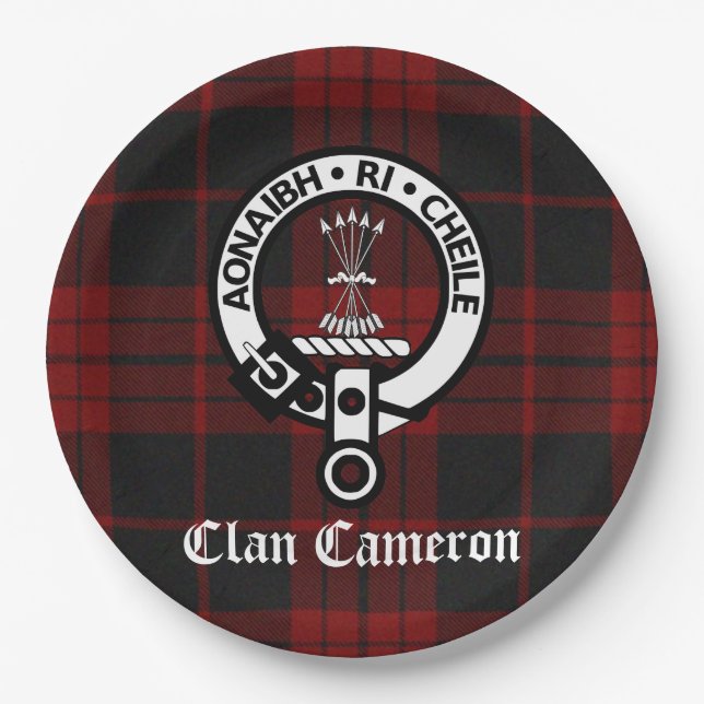 Plato De Papel Clan Cameron Escudo Badge y Tartán (Anverso)