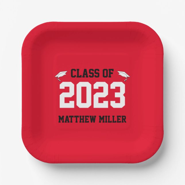 Plato De Papel Clase de 2023 Red White y Black Graduate Name (Anverso)