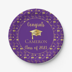 Plato De Papel Clase de 2023 Tapón de graduación de oro - Púrpura