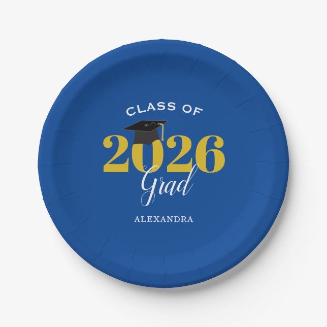 Plato De Papel Clase de 2025 Grad Simple Blue and Gold (Anverso)