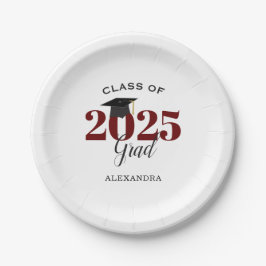 Plato De Papel Clase de 2025 Grad Simple Maroon y Negro