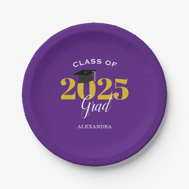 Plato De Papel Clase de 2025 Grad Simple Purple and Gold (Anverso)