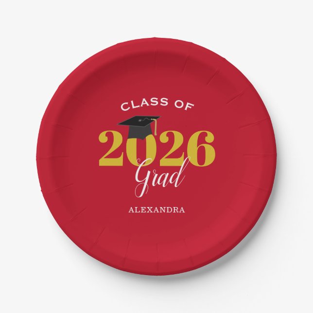 Plato De Papel Clase de 2025 Grad Simple Red y Gold (Anverso)