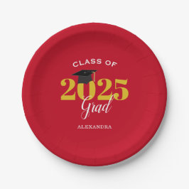 Plato De Papel Clase de 2025 Grad Simple Red y Gold