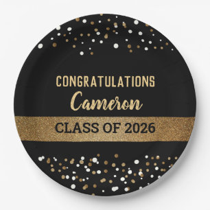Plato De Papel Clase de 2025 Graduate Name Gold Confetti