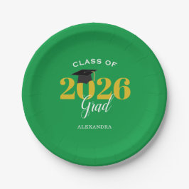 Plato De Papel Clase de 2026 Graduado Simple Verde y Dorado