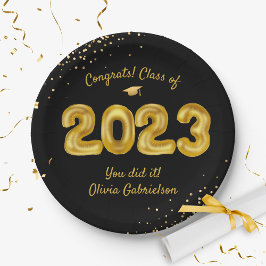 Plato De Papel Clase de Balón 2023, Black Gold Graduation Party