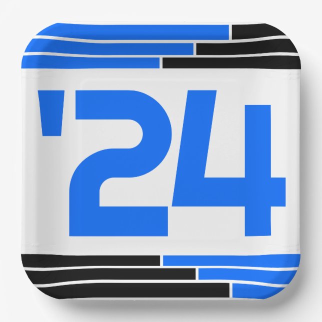 Plato De Papel Clase de Barras Azules y Negras del Graduado '24 (Anverso)