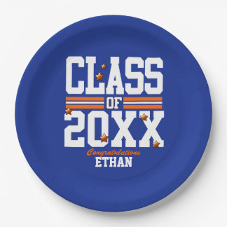Plato De Papel Clase de Graduación Azul|Naranja Año