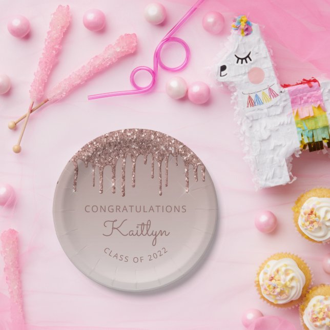 Plato De Papel Clase de Graduación de Drip Purpurina Rosa Gold de (Fiesta)
