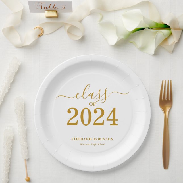 Plato De Papel Clase de Graduación Gold Script 2024 (Boda)