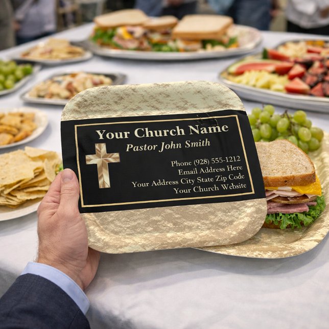 Plato De Papel Clase de Pastor de Iglesia Oro (PLEASE NOTE: The foil details are simulated in the artwork. No actual foil will be used in product.)