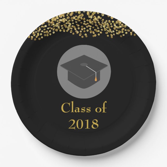 Plato De Papel Clase Faux Gold Confetti & Graduation Cap de 20xx (Anverso)