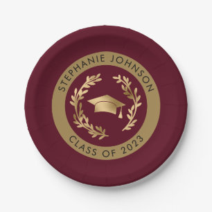 Plato De Papel Clase Maroon y Gold Grad Cap de 2023 Fiesta