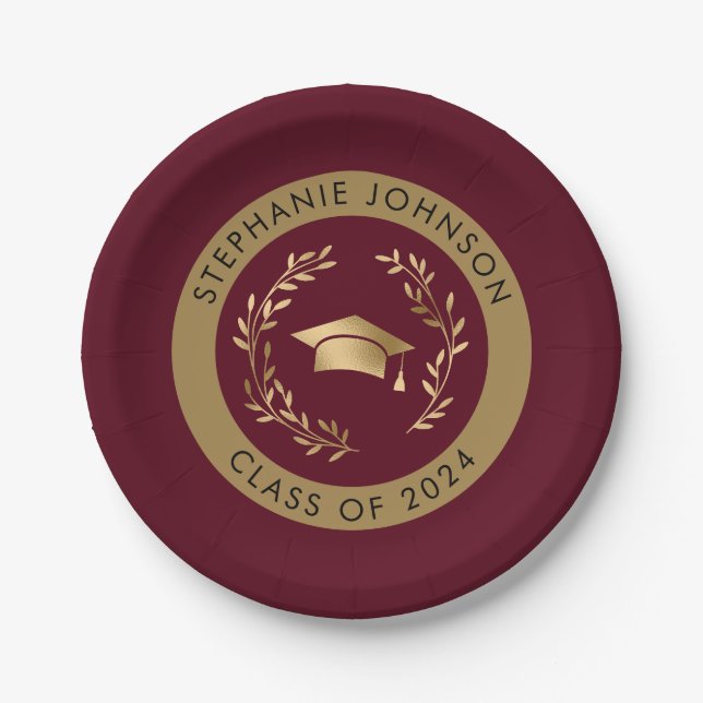 Plato De Papel Clase Maroon y Gold Grad Cap de 2024 Fiesta (Anverso)