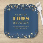 Plato De Papel Clase Reunion Blue Gold Stars Personalizado<br><div class="desc">Placas personalizadas de papel de clase superior o superior para cualquier clase graduada (el año es editable) con el año de clase y el nombre de la escuela. El diseño presenta estrellas doradas y luces de cadena con un color de fondo azul editable que puede cambiar al color de la...</div>