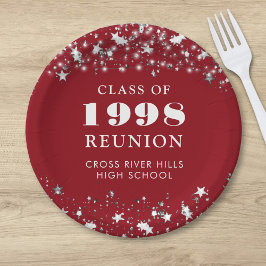 Plato De Papel Clase Reunion Red Silver Stars Personalizado