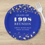 Plato De Papel Clase Reunión Royal Blue Gold Stars Personalizado<br><div class="desc">Celebre con sus compañeros de clase en la reunión de su colegio o universidad con estas placas de papel color personalizadas y personalizados para cualquier clase graduada (el año es editable) con su año de clase y nombre de la escuela. El diseño presenta estrellas doradas y luces de cadena con...</div>