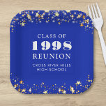 Plato De Papel Clase Reunión Royal Blue Gold Stars Personalizado<br><div class="desc">Placas personalizadas de papel para cualquier clase graduada (el año es editable) con el año de clase y el nombre de la escuela. El diseño presenta estrellas doradas y luces de cadena con un color de fondo azul real editable que se puede cambiar al color de la escuela. CAMBIOS: los...</div>