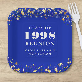 Plato De Papel Clase Reunión Royal Blue Gold Stars Personalizado