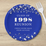 Plato De Papel Clase Reunión Royal Blue Silver Stars Personalizad<br><div class="desc">Celebre con sus compañeros de clase en la reunión de su colegio o universidad con estas placas de papel color personalizadas y personalizados para cualquier clase graduada (el año es editable) con su año de clase y nombre de la escuela. El diseño presenta estrellas plateadas y luces de cadena con...</div>