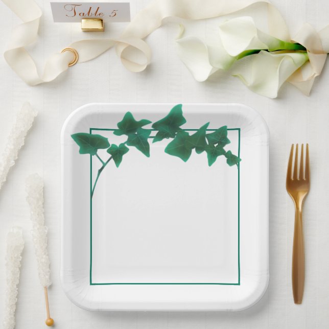 Plato De Papel Clásica acuarela de marfil verde inglés (Boda)