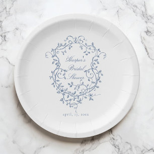 Plato De Papel Clásica Escudo floral azul francesa  Bridal Shower