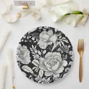 Plato De Papel Clásica Floral Negra y Blanco Vintage