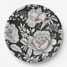 Plato De Papel Clásica Floral Negra y Blanco Vintage