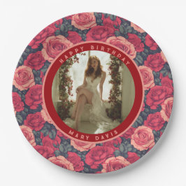 Plato De Papel Clásica Rosa Floral Cumpleaños